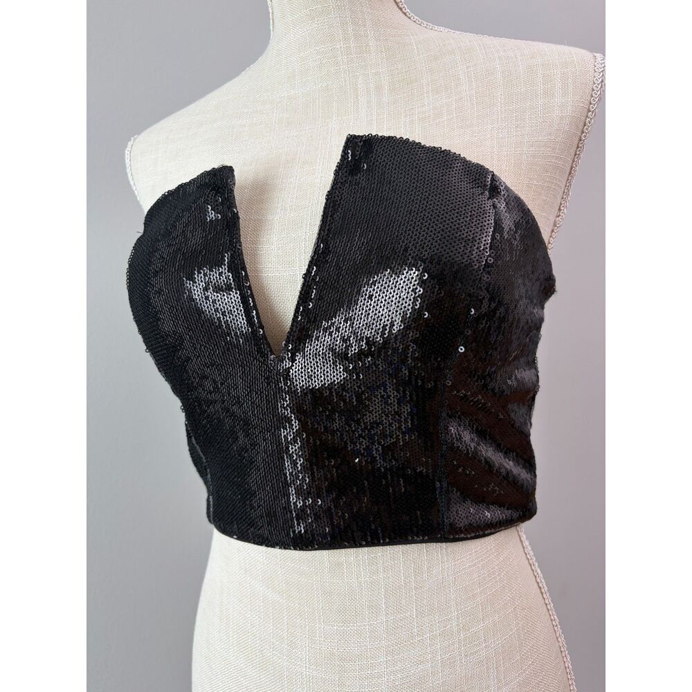Black Sequin Strapless Deep V Crop Top Womens Small Bustier Party Glam, Clubwear